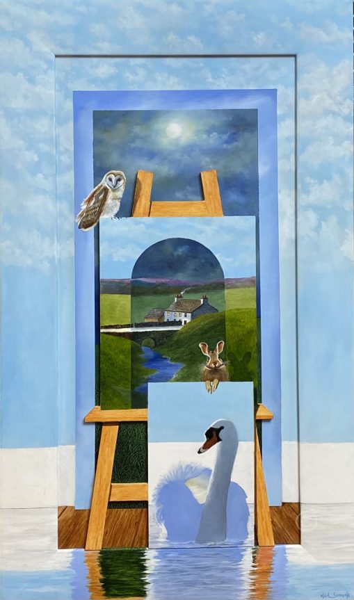 An interconnected original oil painting by Neil Simone with the title "Dimensional Anomalies"