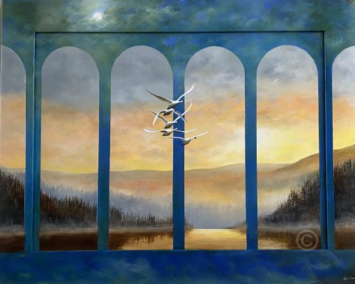 An interconnected original oil painting by Neil Simone titled "From Time to Time"